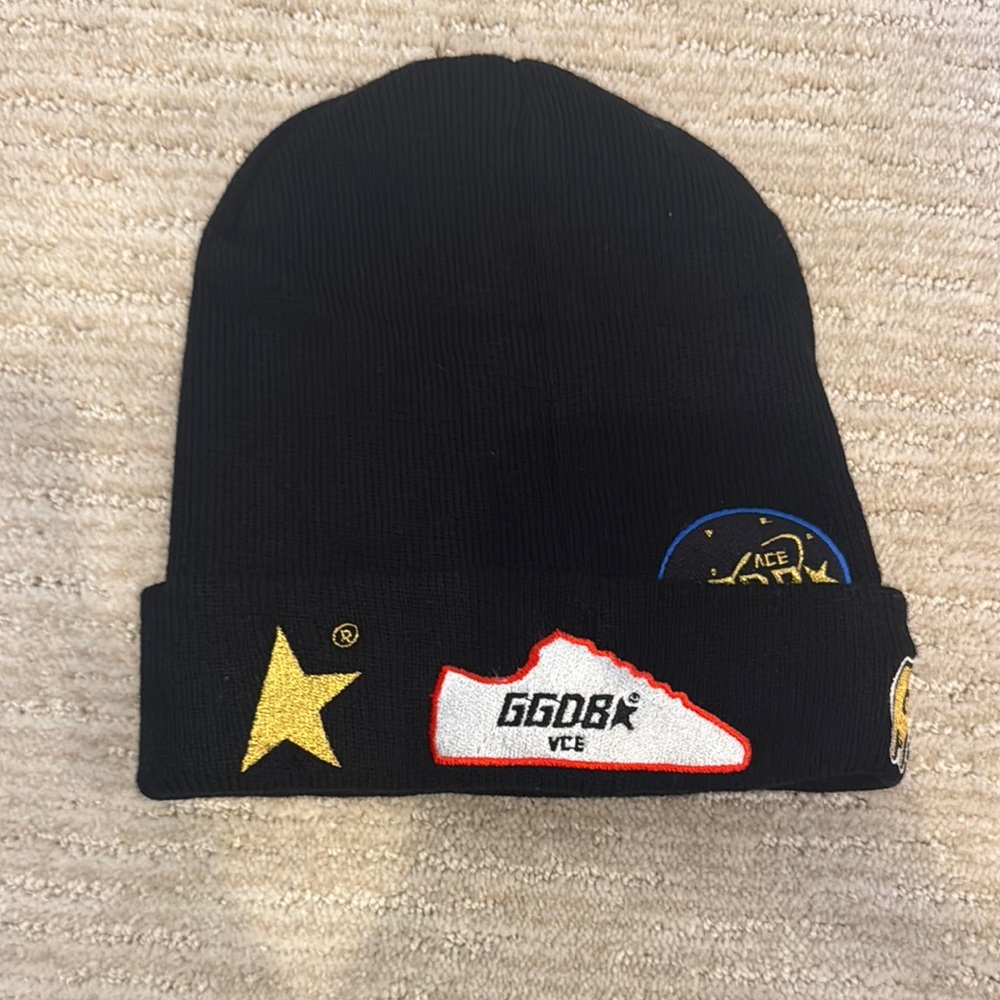 Black Golden Goose Beanie with Star and Sneaker Design